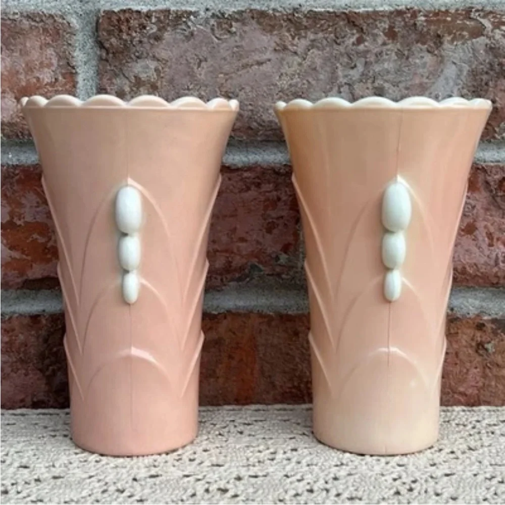 Vintage Anchor Hocking Fired On Pink Vitrock Scalloped Art Deco Style Vases